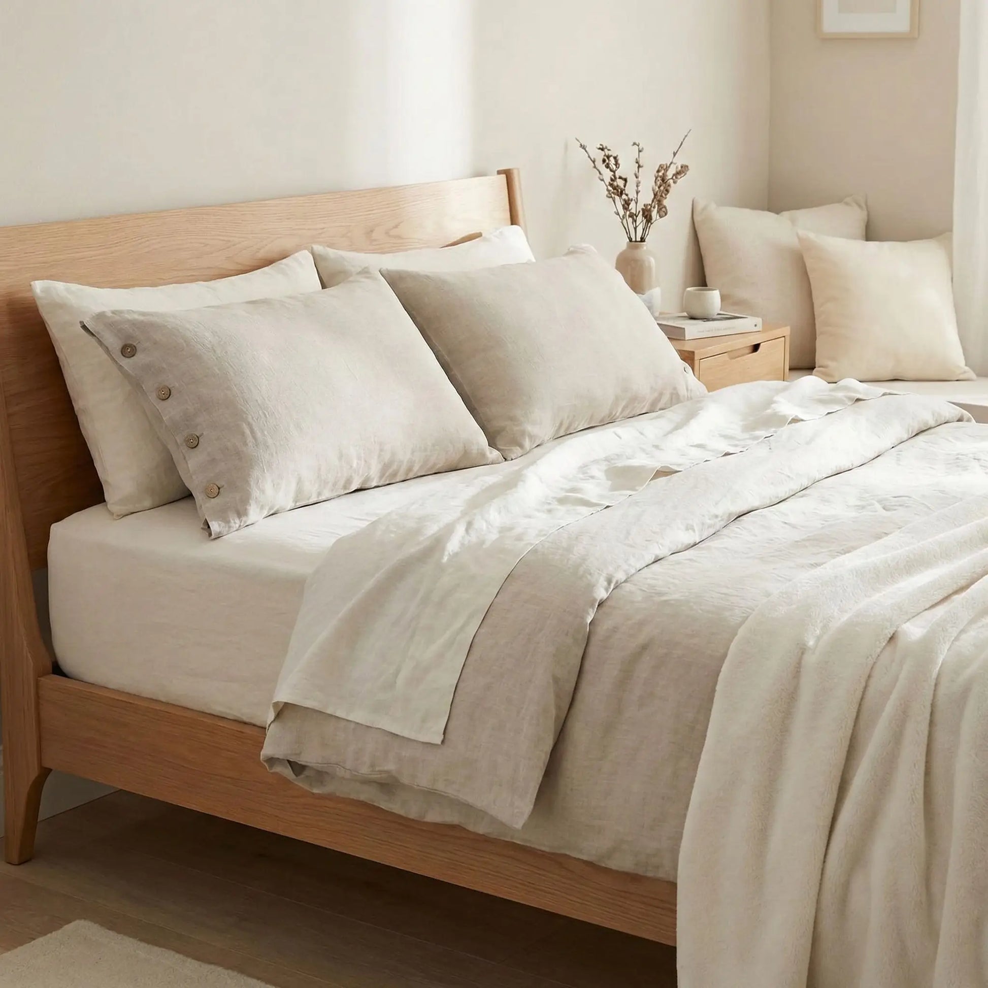 Taies d’oreiller en lin sablé posées sur un lit en bois clair avec linge de lit blanc cassé