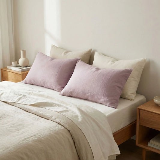 Taies d’oreiller en lin violet posées sur un lit en bois clair