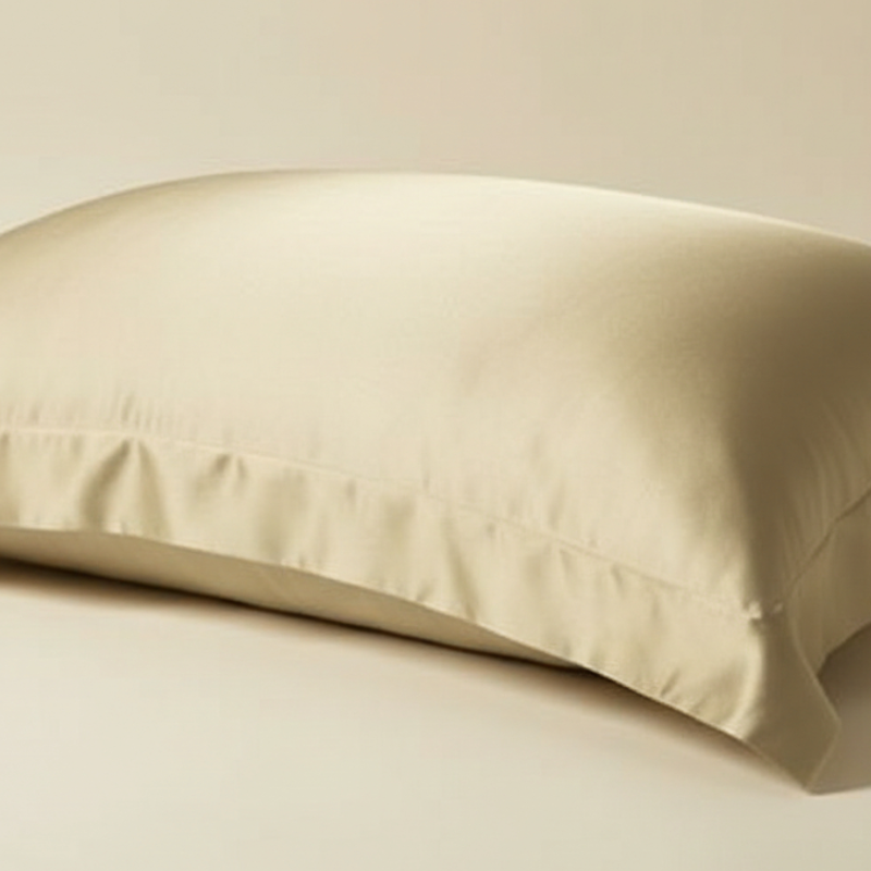 Taies d’oreiller en satin beige sable posées sur un lit en bois clair