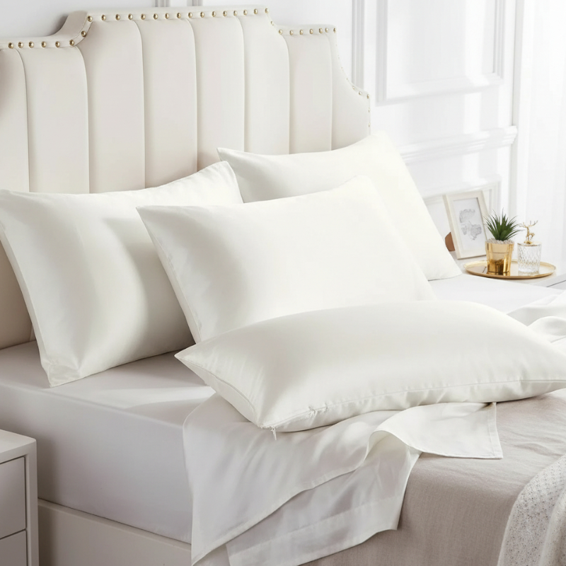 Taies d’oreiller en satin blanc posées sur un lit en bois clair avec linge de lit blanc cassé ambiance lumineuse et naturelle