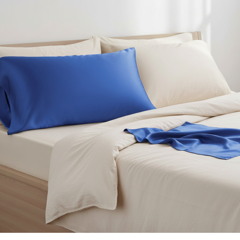 Taies d’oreiller en satin bleu électrique posées sur un lit en bois clair avec linge de lit blanc cassé, ambiance lumineuse et naturelle