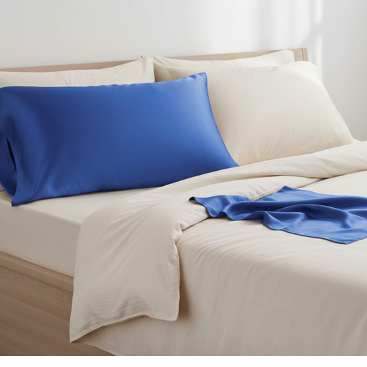 Taies d’oreiller en satin bleu électrique posées sur un lit en bois clair avec linge de lit blanc cassé, ambiance lumineuse et naturelle