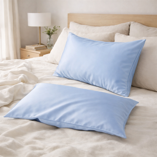 Taies d’oreiller en satin de coton bleu ciel posées sur un lit en bois clair avec linge de lit blanc cassé, ambiance lumineuse et naturelle