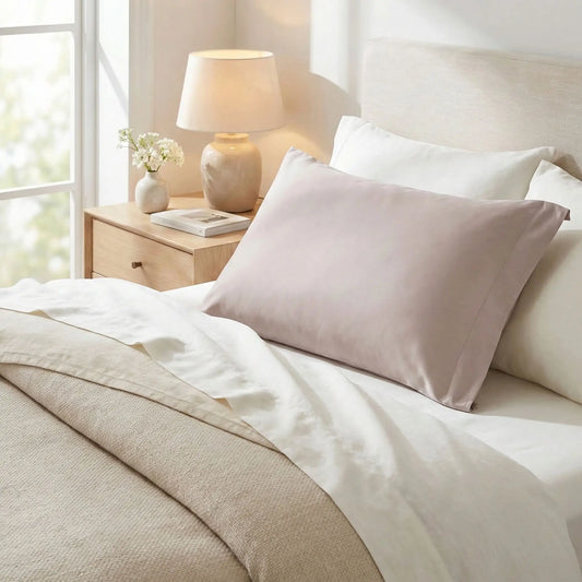 Taies d’oreiller en satin de coton gris sable posées sur un lit moderne