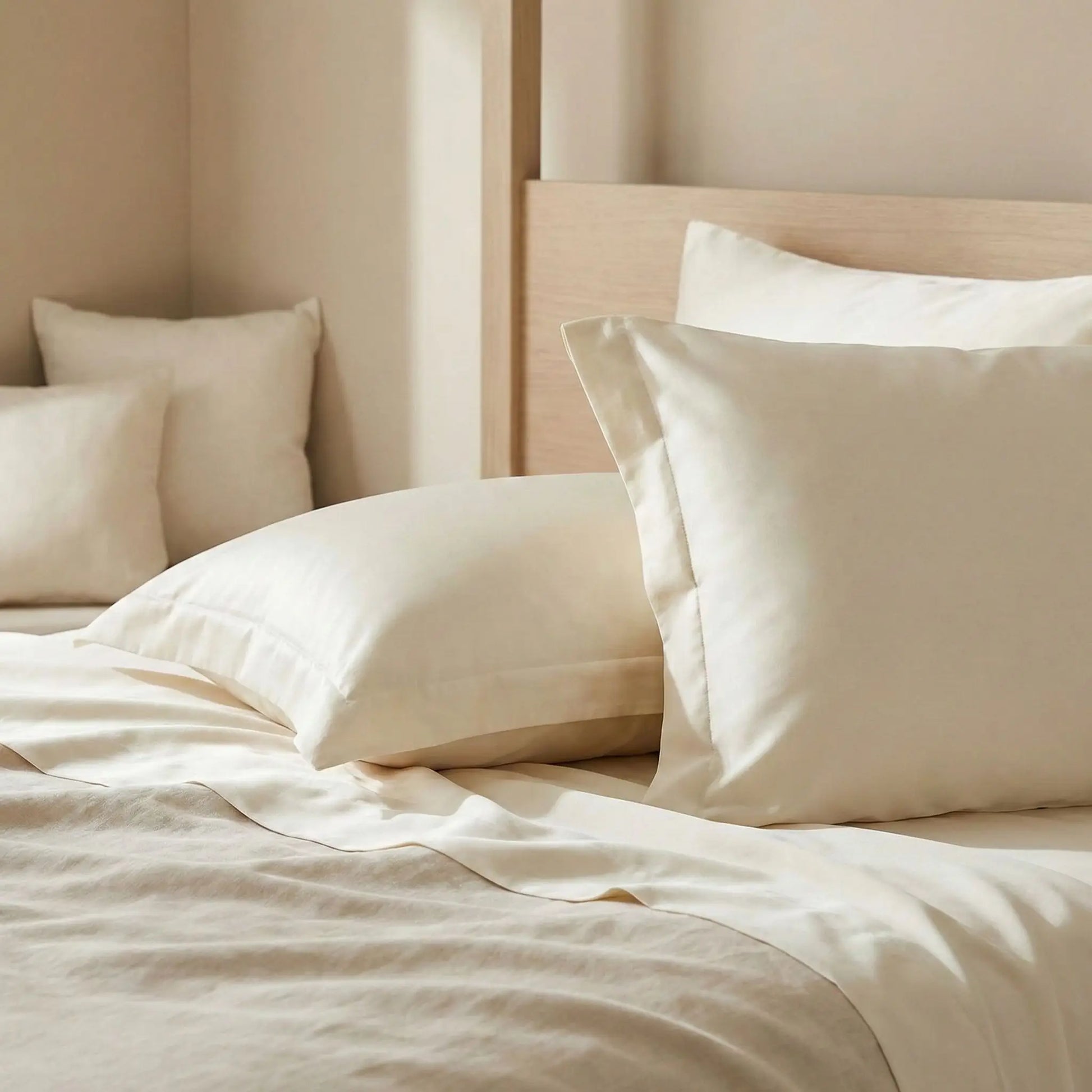 Taies d’oreiller en satin de coton ivoire clair posées sur un lit