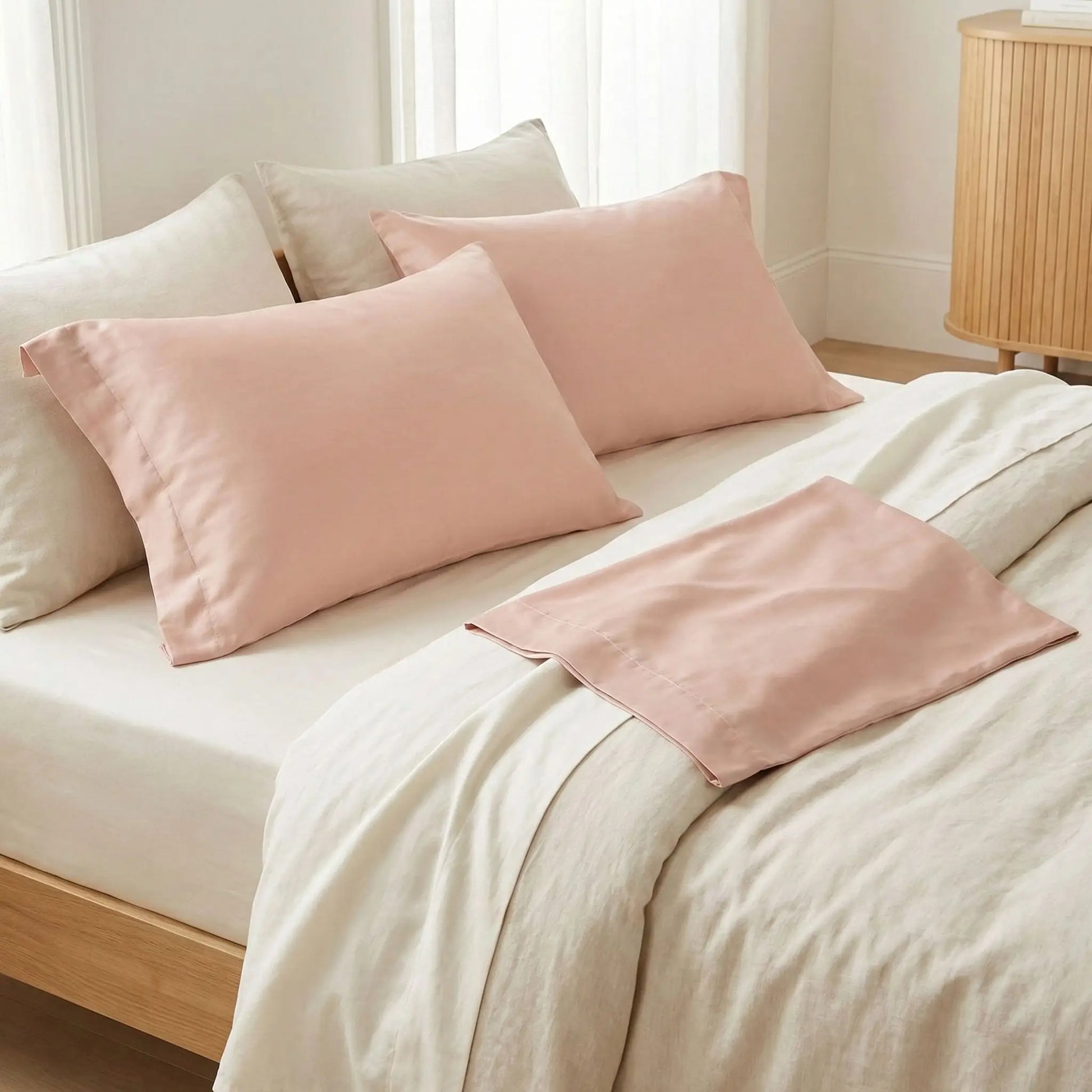 Taies d’oreiller en satin de coton  rose pêche posées sur un lit moderne