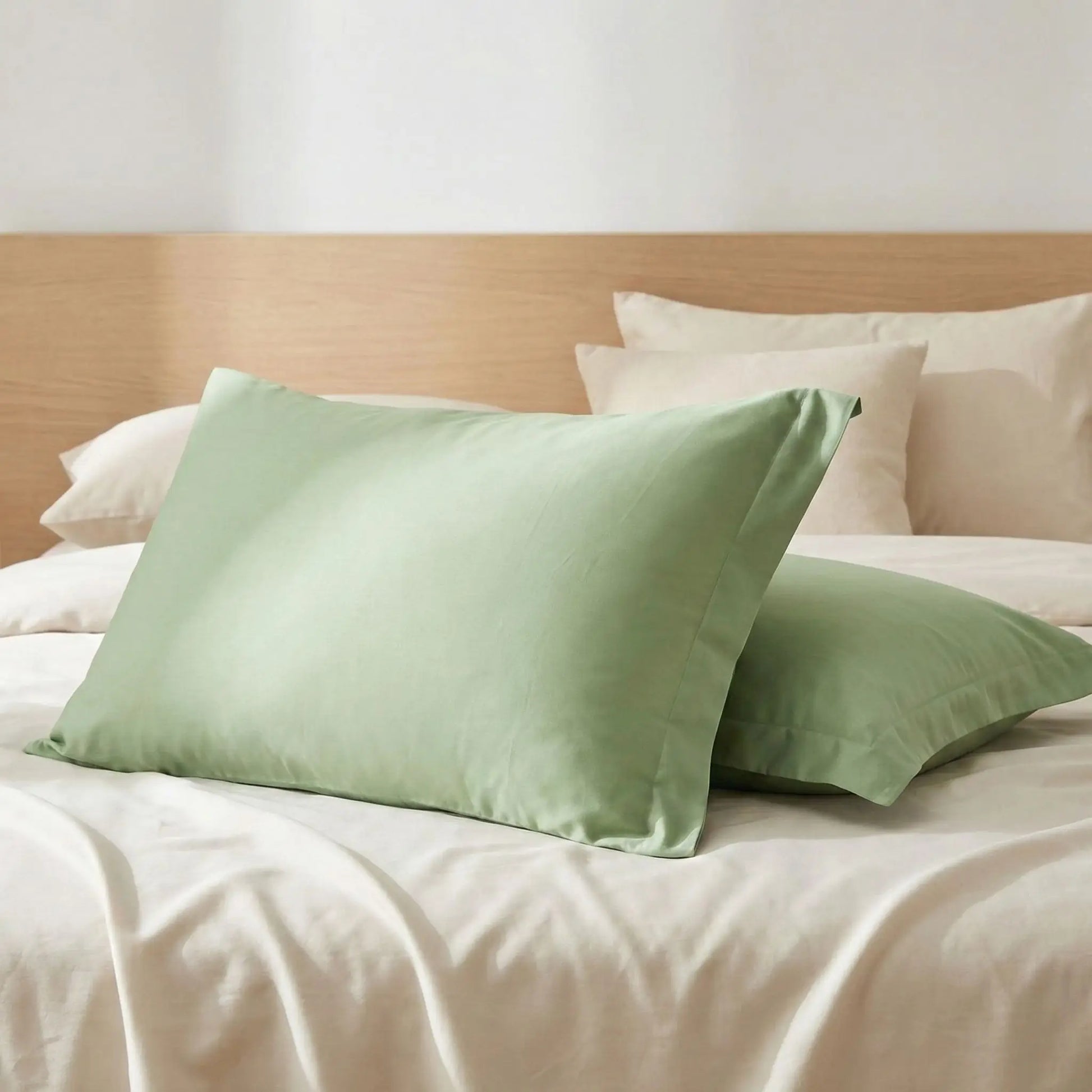 Taies d’oreiller en satin de coton vert Matcha posées sur un lit en bois clair