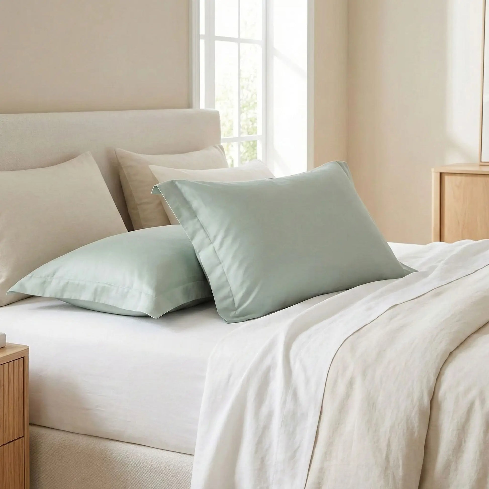 Taies d’oreiller en satin de coton vert sauge posées sur un lit moderne