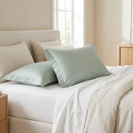 Taies d’oreiller en satin de coton vert sauge posées sur un lit moderne