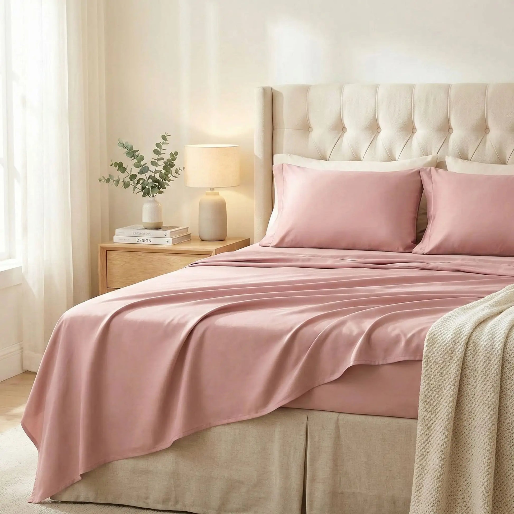 Taies d’oreiller en satin de coton vieux roses posées sur un lit moderne