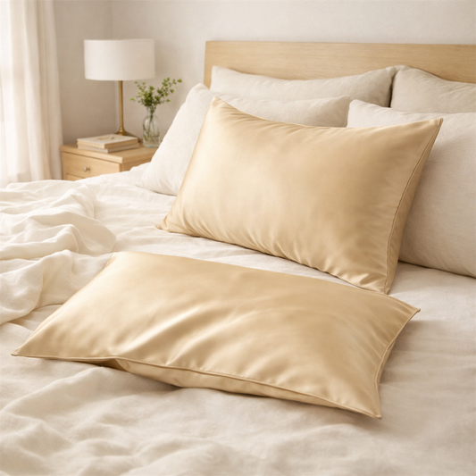 Taies d’oreiller en satin de soie beige posées sur un lit en bois clair