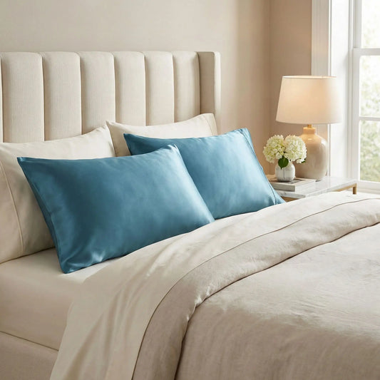 Taies d’oreiller en satin de soie bleu posées sur un lit en bois clair avec linge de lit blanc cassé ambiance lumineuse et naturelle
