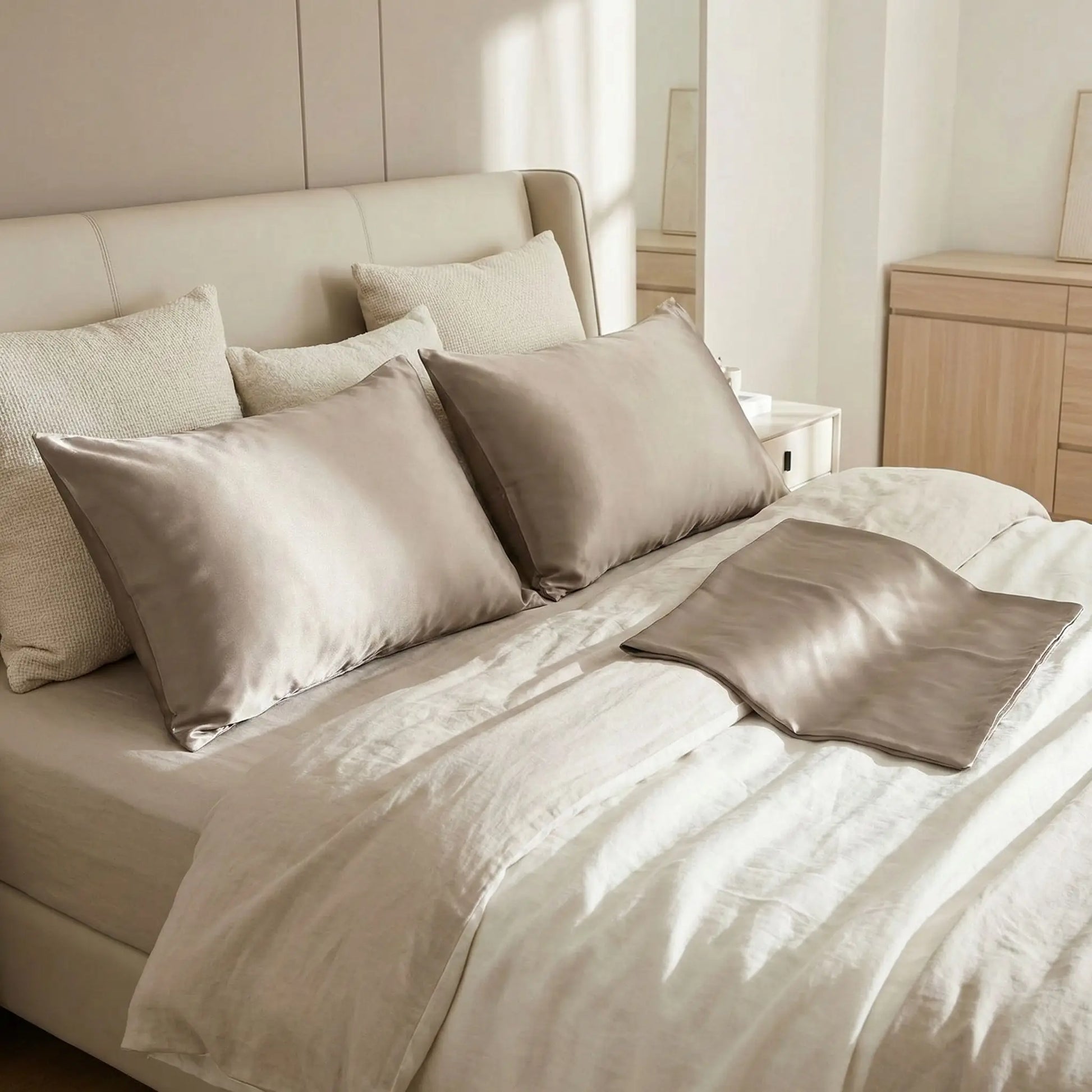 Taies d’oreiller en satin de soie taupe champagne posées sur un lit en bois clair avec linge de lit blanc cassé ambiance lumineuse et naturelle