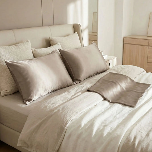 Taies d’oreiller en satin de soie taupe champagne posées sur un lit en bois clair avec linge de lit blanc cassé ambiance lumineuse et naturelle