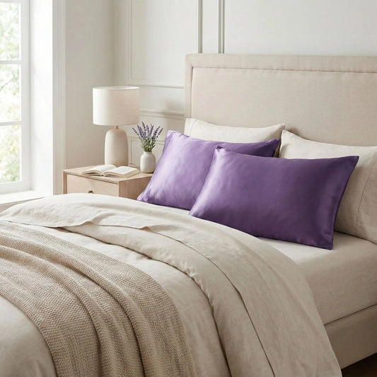 Taies d’oreiller en satin de soie violet prune posées sur un lit en bois clair avec linge de lit blanc cassé ambiance lumineuse et naturelle
