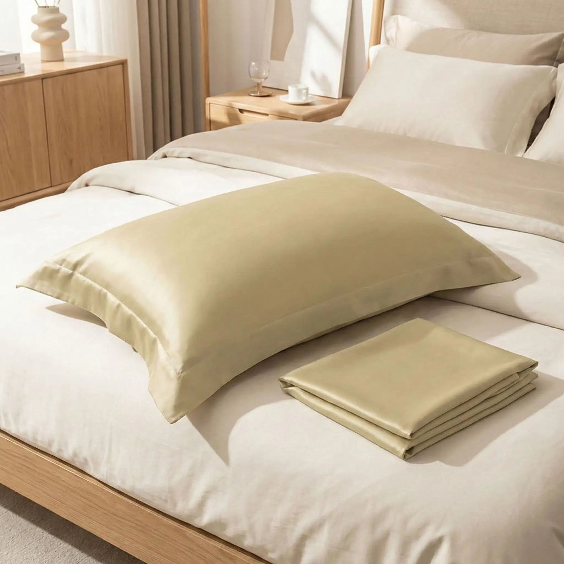 Taies d’oreiller en satin marron clair posées sur un lit en bois clair avec linge de lit blanc cassé ambiance lumineuse et naturelle