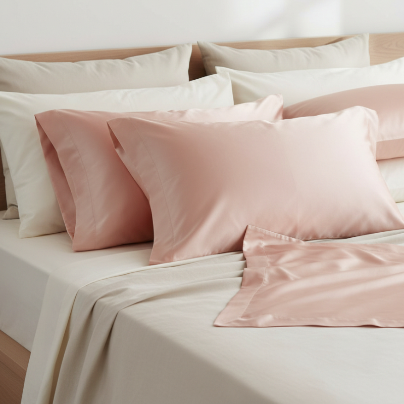 Taies d’oreiller en satin rose pêche posées sur un lit en bois clair avec linge de lit blanc cassé ambiance lumineuse et naturelle