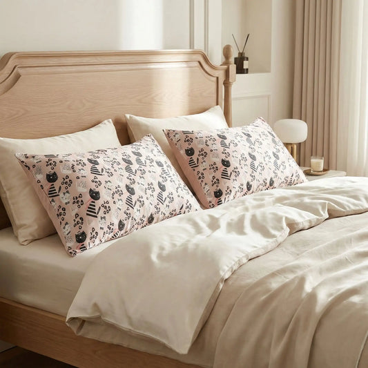 Taies d’oreiller en soie à motif chaton pop posées sur un lit en bois clair avec linge de lit blanc cassé