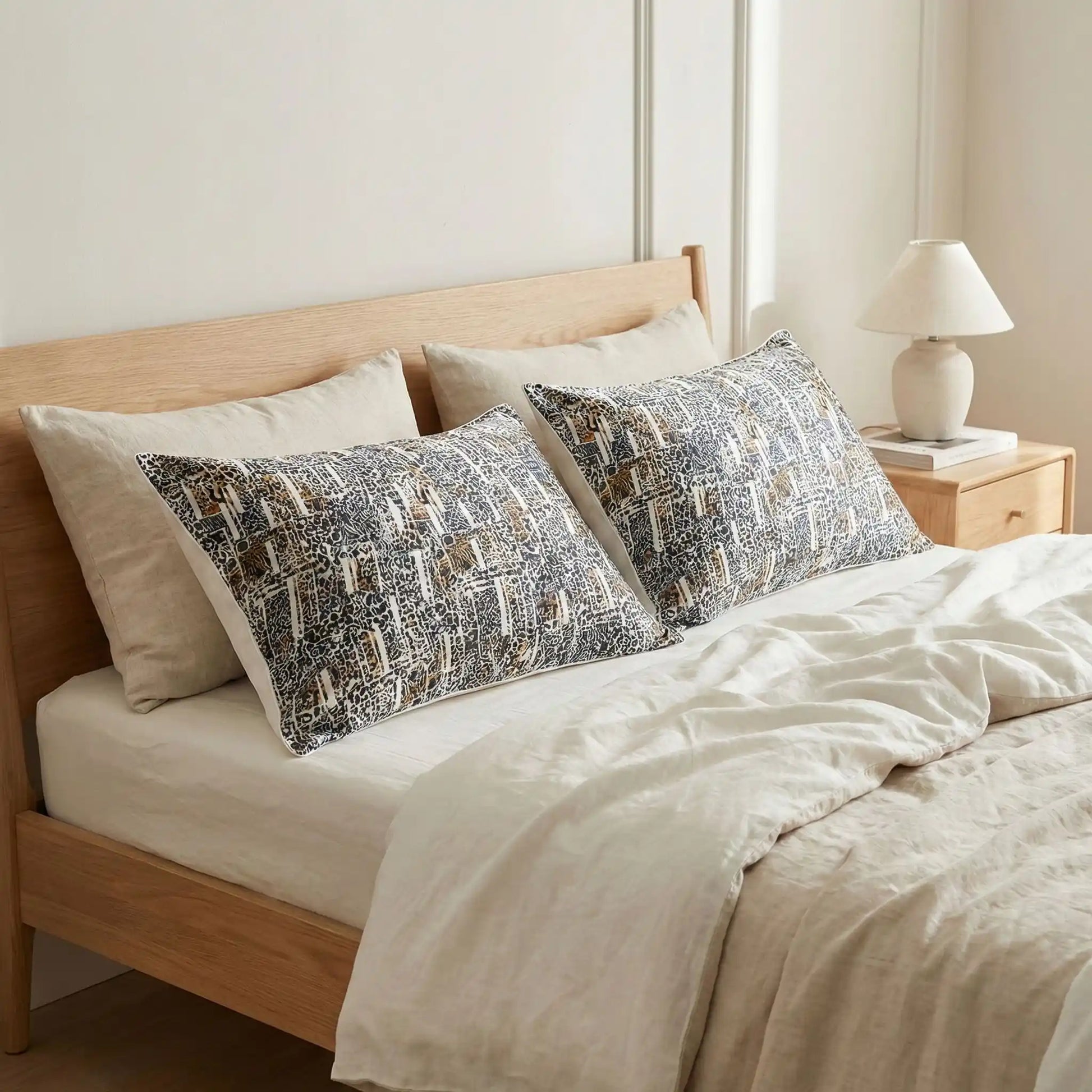 Taies d’oreiller en soie à motif léopard noir posées sur un lit en bois clair avec linge de lit blanc cassé