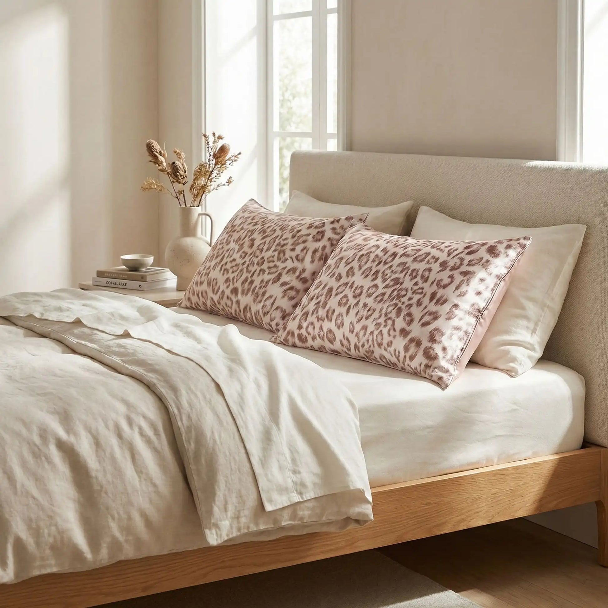 Taies d’oreiller en soie à motif léopard rose posées sur un lit en bois clair avec linge de lit blanc cassé