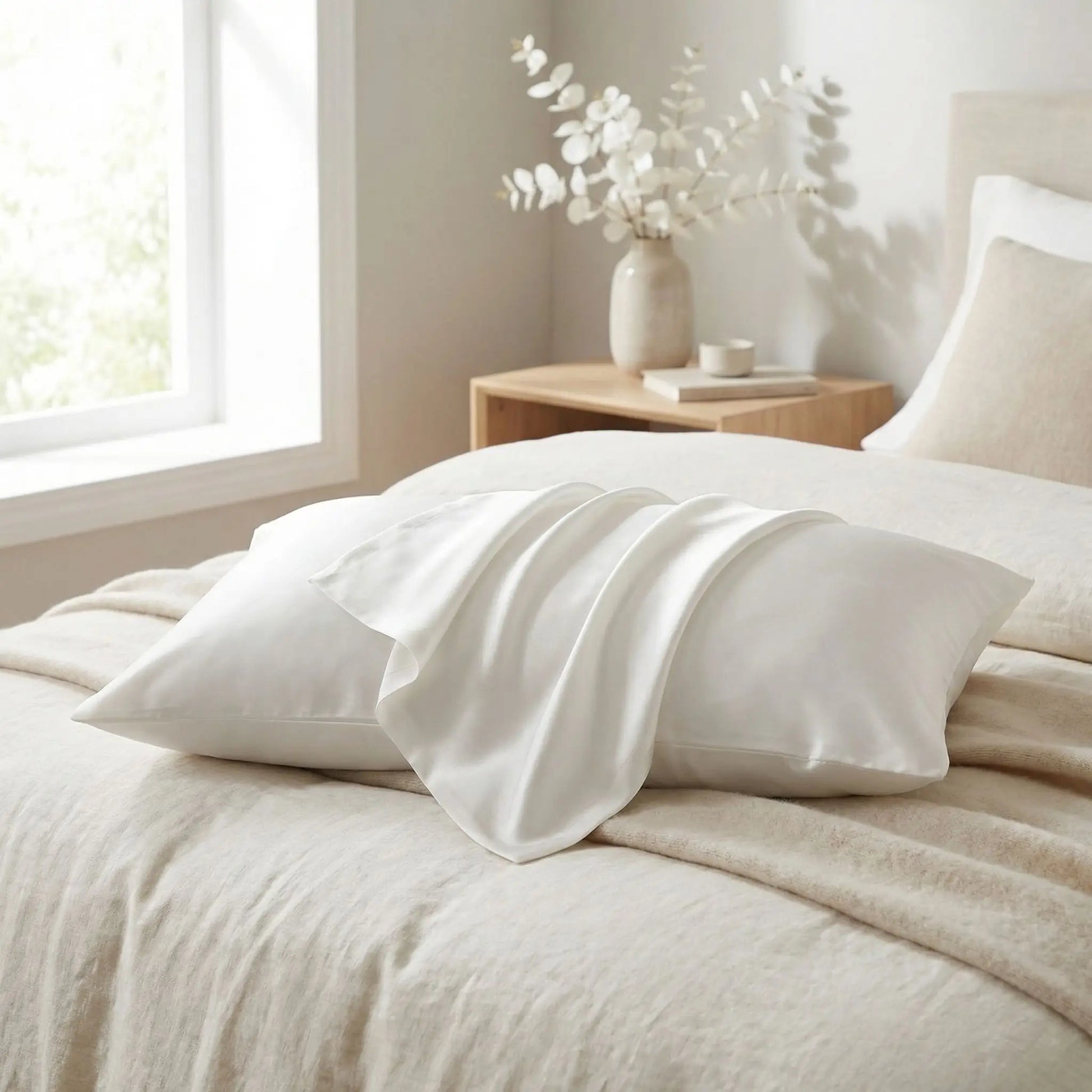 Taies d’oreiller en soie blanche posées sur un lit en bois clair avec linge de lit blanc cassé ambiance lumineuse et naturelle