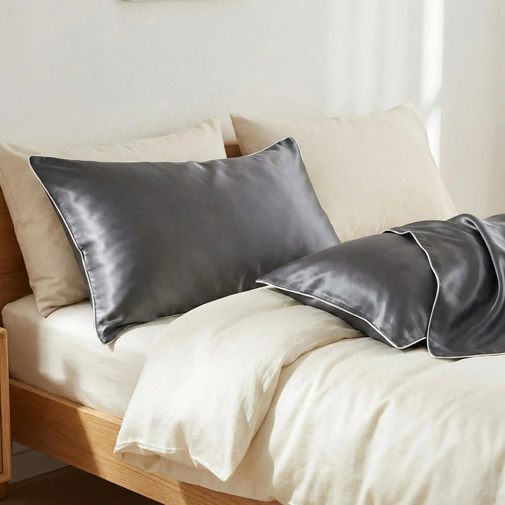 Taies d’oreiller en soie de mûrier 19 momme gris foncé à bords blancs posées sur un lit en bois clair avec linge de lit blanc cassé ambiance lumineuse et élégante