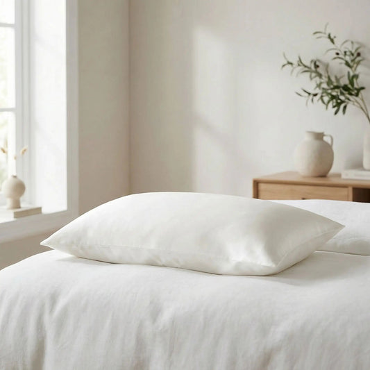 Taies d’oreiller en soie de mûrier blanche posées sur un lit en bois clair avec linge de lit blanc cassé ambiance lumineuse et naturelle