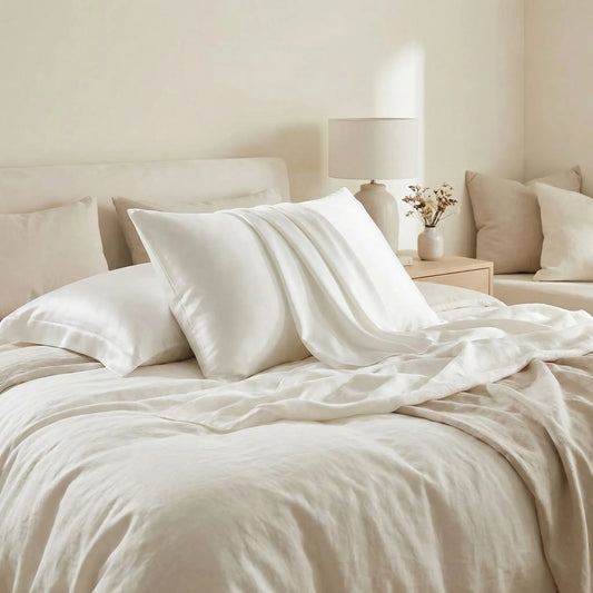 Taies d’oreiller en soie de mûrier blanche posées sur un lit moderne avec linge de lit blanc cassé ambiance lumineuse et naturelle