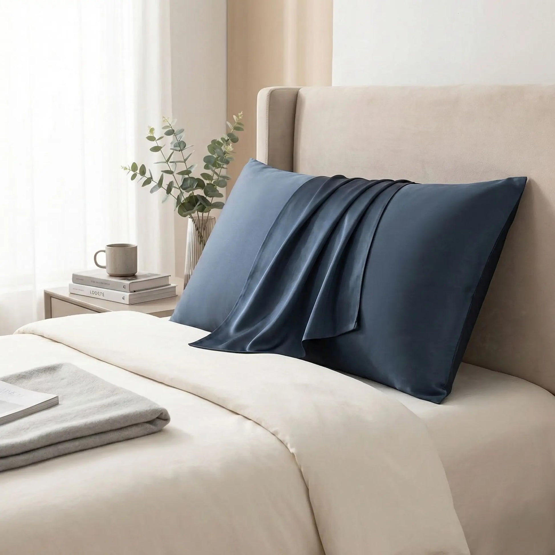 Taies d’oreiller en soie de mûrier bleu nuit posées sur un lir moderne avec linge de lit blanc cassé ambiance lumineuse et naturelle