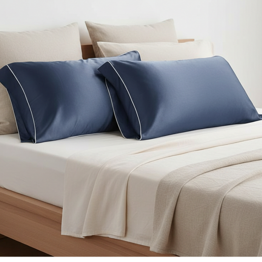 Taies d’oreiller en soie de mûrier bleue posées sur un lit en bois clair avec linge de lit blanc cassé ambiance lumineuse et naturelle