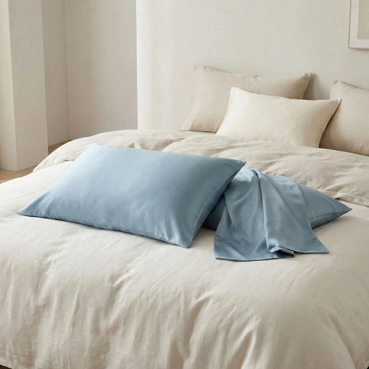 Taies d’oreiller en soie de mûrier bleue posées sur un lit moderne avec linge de lit blanc cassé  ambiance lumineuse et naturelle