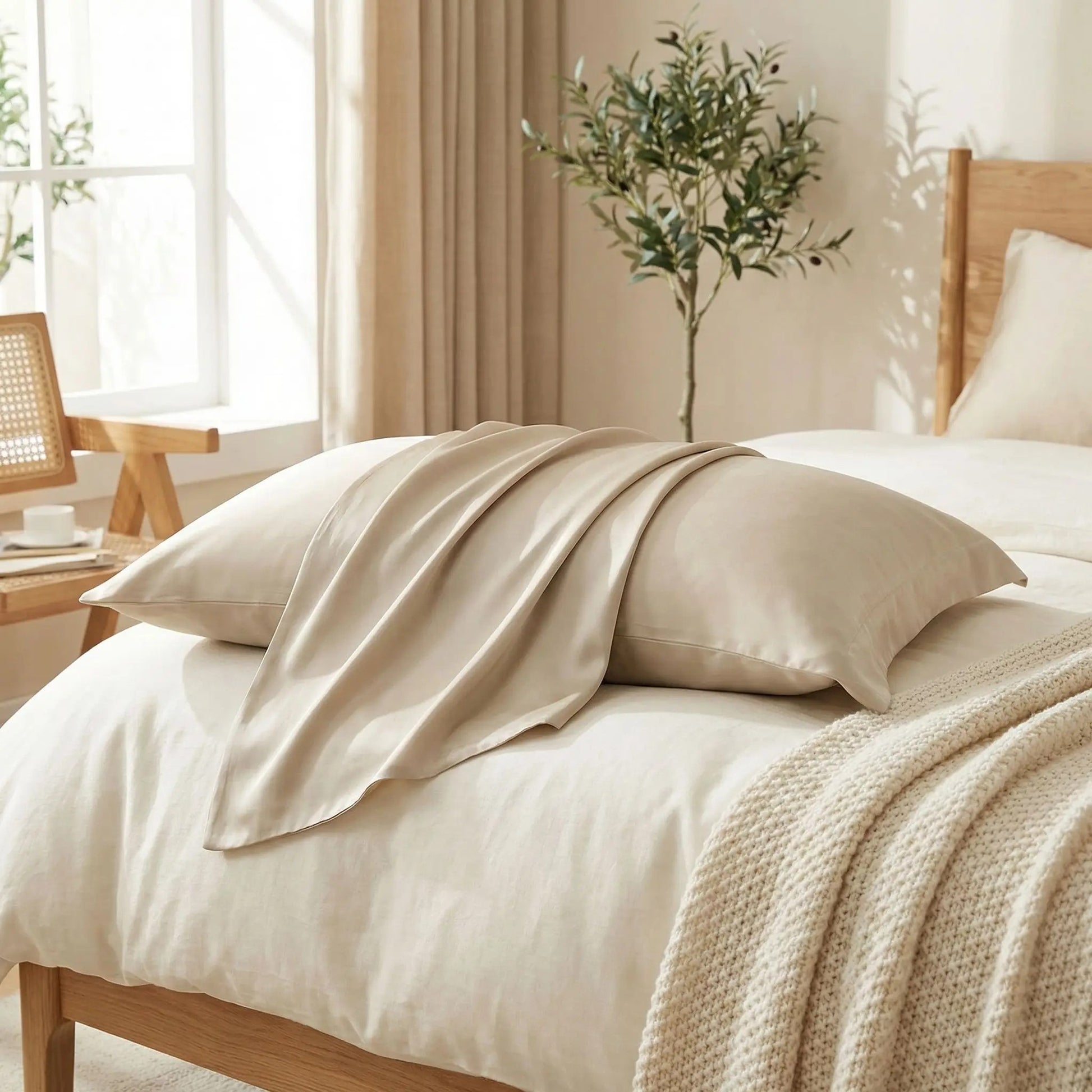 Taies d’oreiller en soie de mûrier champagne posées sur un lit en bois clair avec linge de lit blanc cassé ambiance lumineuse et naturelle