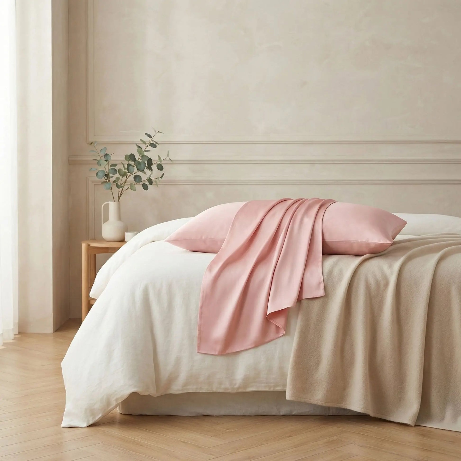 Taies d’oreiller en soie de mûrier rose posées sur un lit avec linge de lit blanc cassé ambiance lumineuse et naturelle