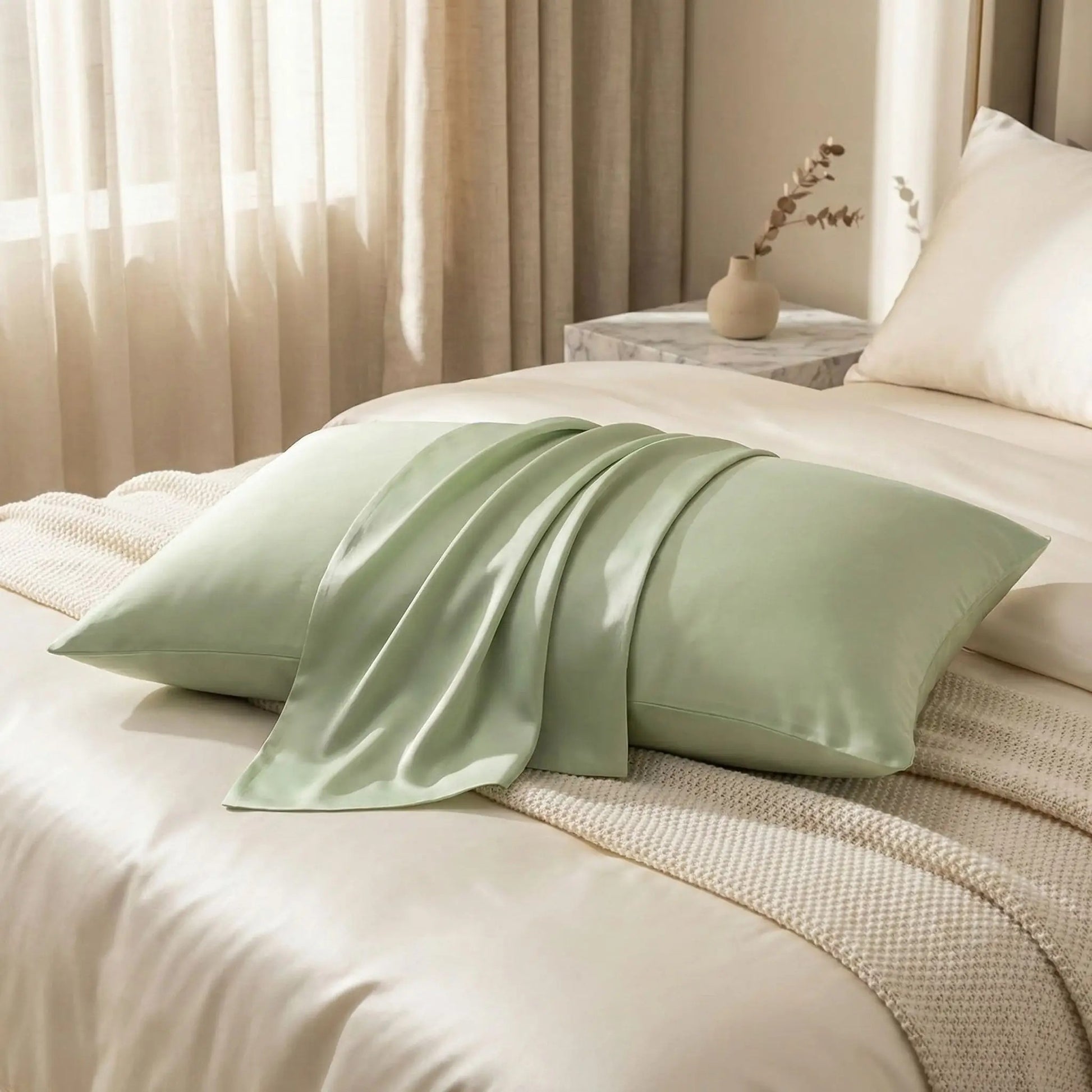 Taies d’oreiller en soie de mûrier verte posées sur un lit moderne avec linge de lit blanc cassé ambiance lumineuse et naturelle