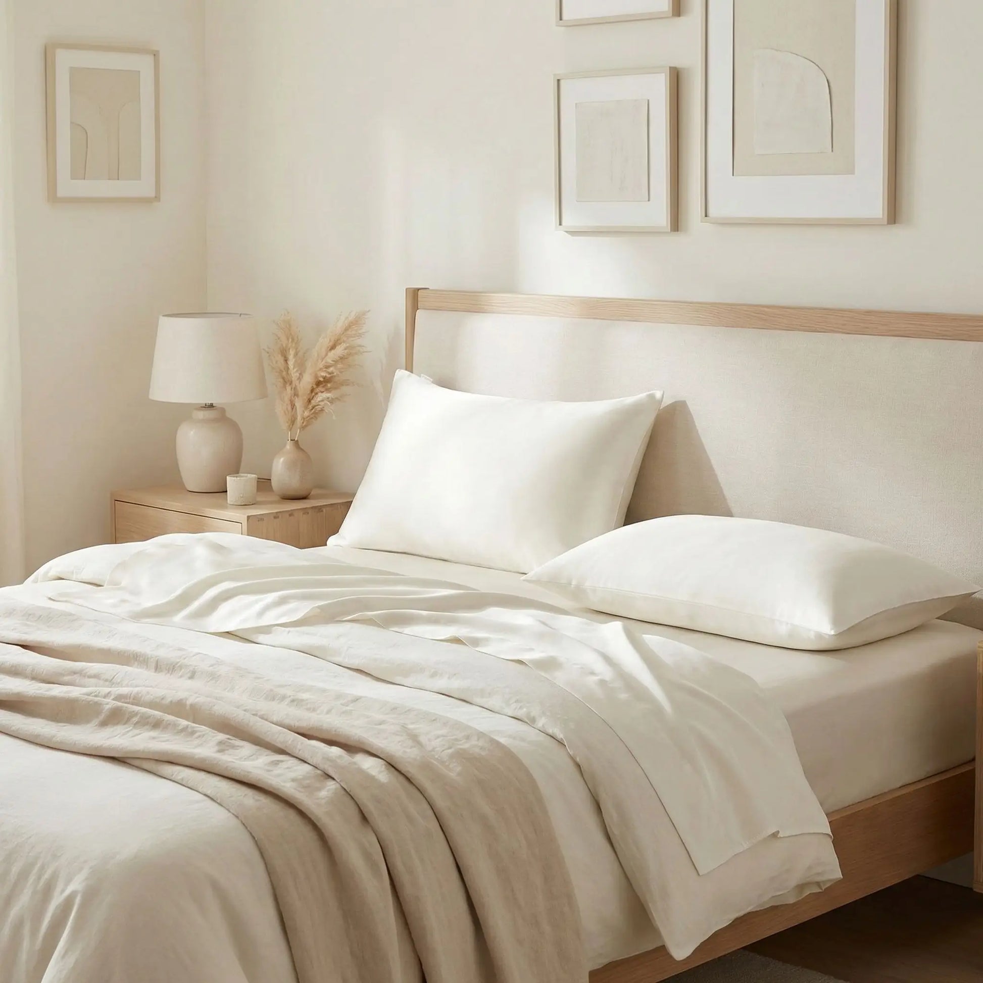 Taies d’oreiller en soie de mûrier 22 mommes blanches posées sur un lit en bois clair avec linge de lit blanc cassé ambiance lumineuse et naturelle