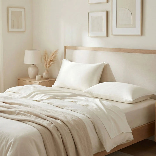 Taies d’oreiller en soie de mûrier 22 mommes blanches posées sur un lit en bois clair avec linge de lit blanc cassé ambiance lumineuse et naturelle