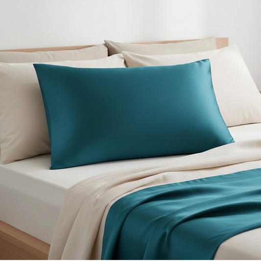 Taies d’oreiller en soie de mûrier 22 mommes bleu canard posées sur un lit en bois clair