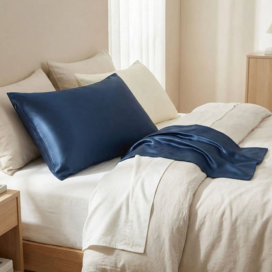 Taies d’oreiller en soie de mûrier 22 mommes bleu nuit posées sur un lit en bois clair avec linge de lit blanc cassé ambiance lumineuse et naturelle