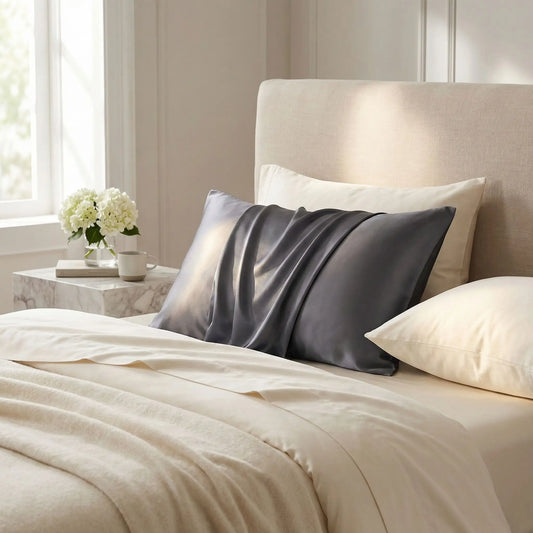 Taies d’oreiller en soie de mûrier 22 mommes gris foncé posées sur un lit moderne avec linge de lit blanc cassé, ambiance lumineuse et naturelle