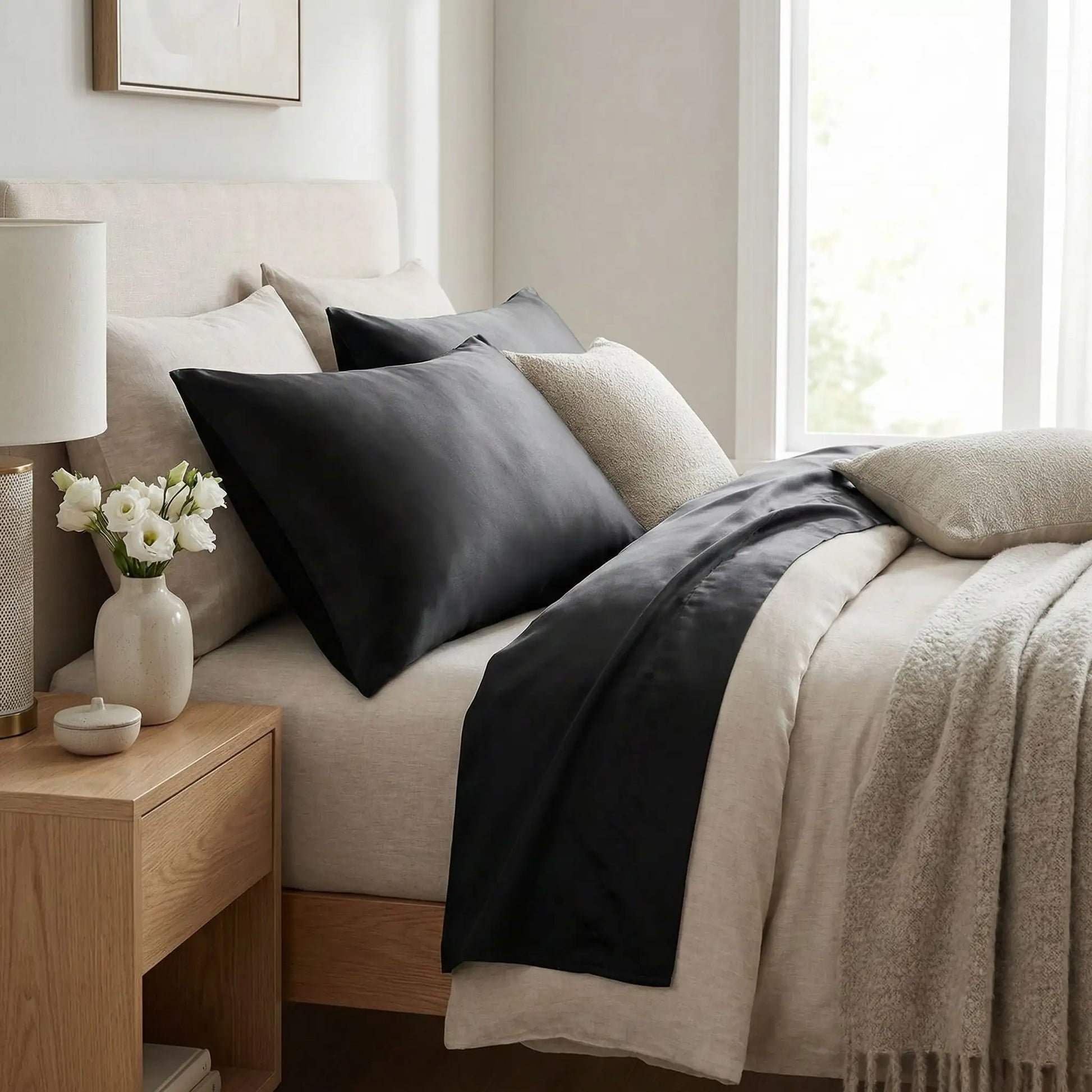 Taies d’oreiller en soie de mûrier 22 mommes noires posées sur un lit en bois clair avec linge de lit blanc cassé ambiance lumineuse et naturelle