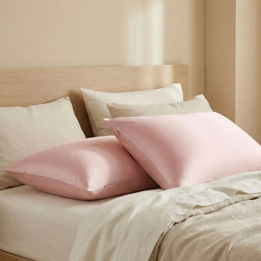 Taies d’oreiller en soie de mûrier 22 mommes roses posées sur un lit en bois clair avec linge de lit blanc cassé ambiance lumineuse et naturelle