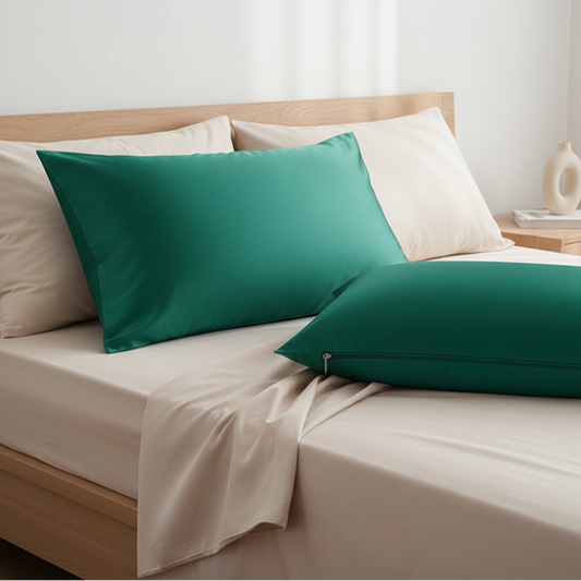 Taies d’oreiller en soie de mûrier 22 mommes vert émeraude posées sur un lit en bois clair avec linge de lit blanc cassé ambiance lumineuse et naturelle