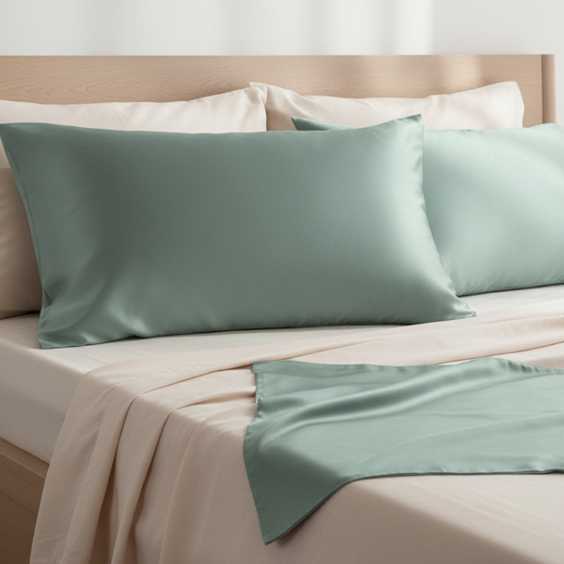 Taies d’oreiller en soie de mûrier 22 mommes vertes posées sur un lit en bois clair avec linge de lit blanc cassé ambiance lumineuse et naturelle