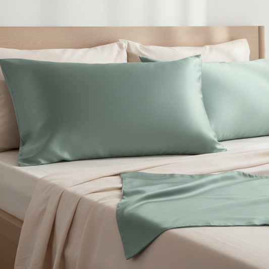 Taies d’oreiller en soie de mûrier 22 mommes vertes posées sur un lit en bois clair avec linge de lit blanc cassé ambiance lumineuse et naturelle