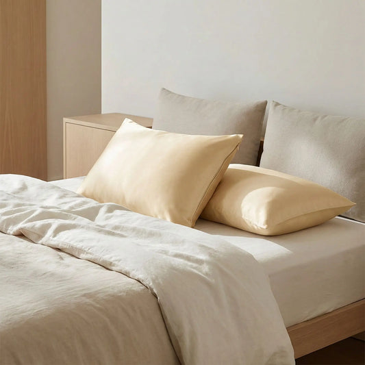 Taies d’oreiller en soie de mûrier 25 mommes beige posées sur un lit en bois clair avec linge de lit blanc cassé ambiance lumineuse et naturelle