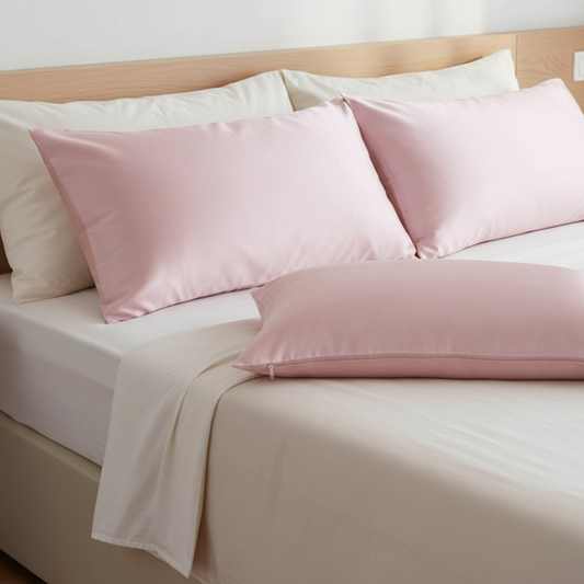 Taies d’oreiller en soie de mûrier 25 mommes roses posées sur un lit en bois clair avec linge de lit blanc cassé ambiance lumineuse et naturelle