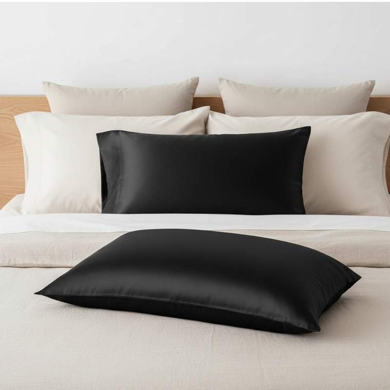 Taies d’oreiller en soie de mûrier noire posées sur un lit en bois clair avec linge de lit blanc cassé ambiance lumineuse et naturelle