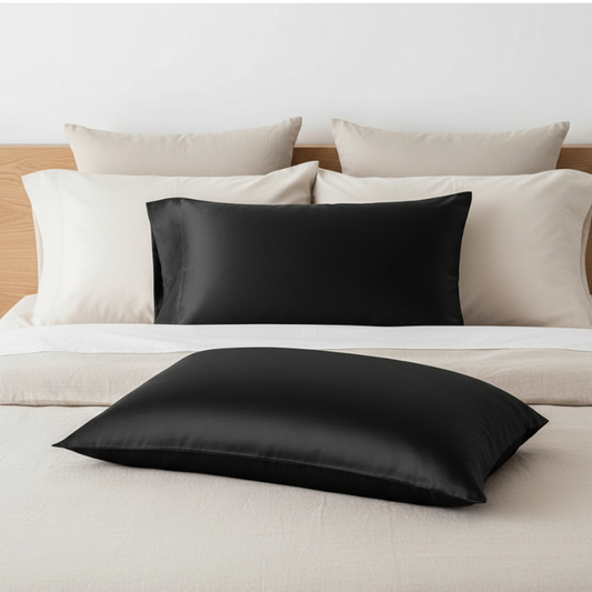 Taies d’oreiller en soie de mûrier noire posées sur un lit en bois clair avec linge de lit blanc cassé ambiance lumineuse et naturelle