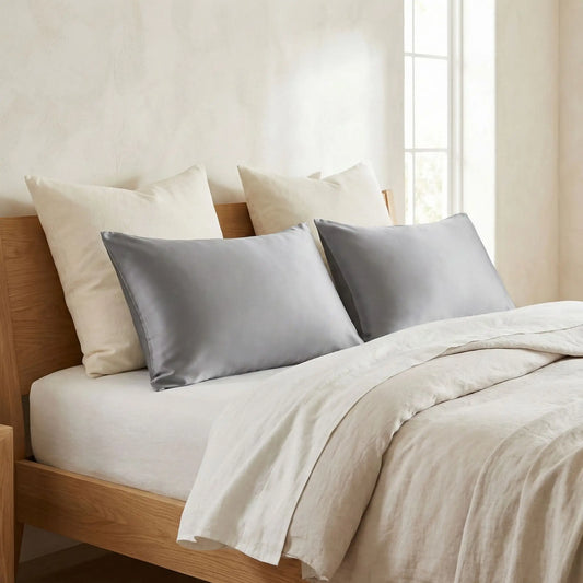 Taies d’oreiller en soie grise posées sur un lit en bois clair avec linge de lit blanc cassé ambiance lumineuse et naturelle