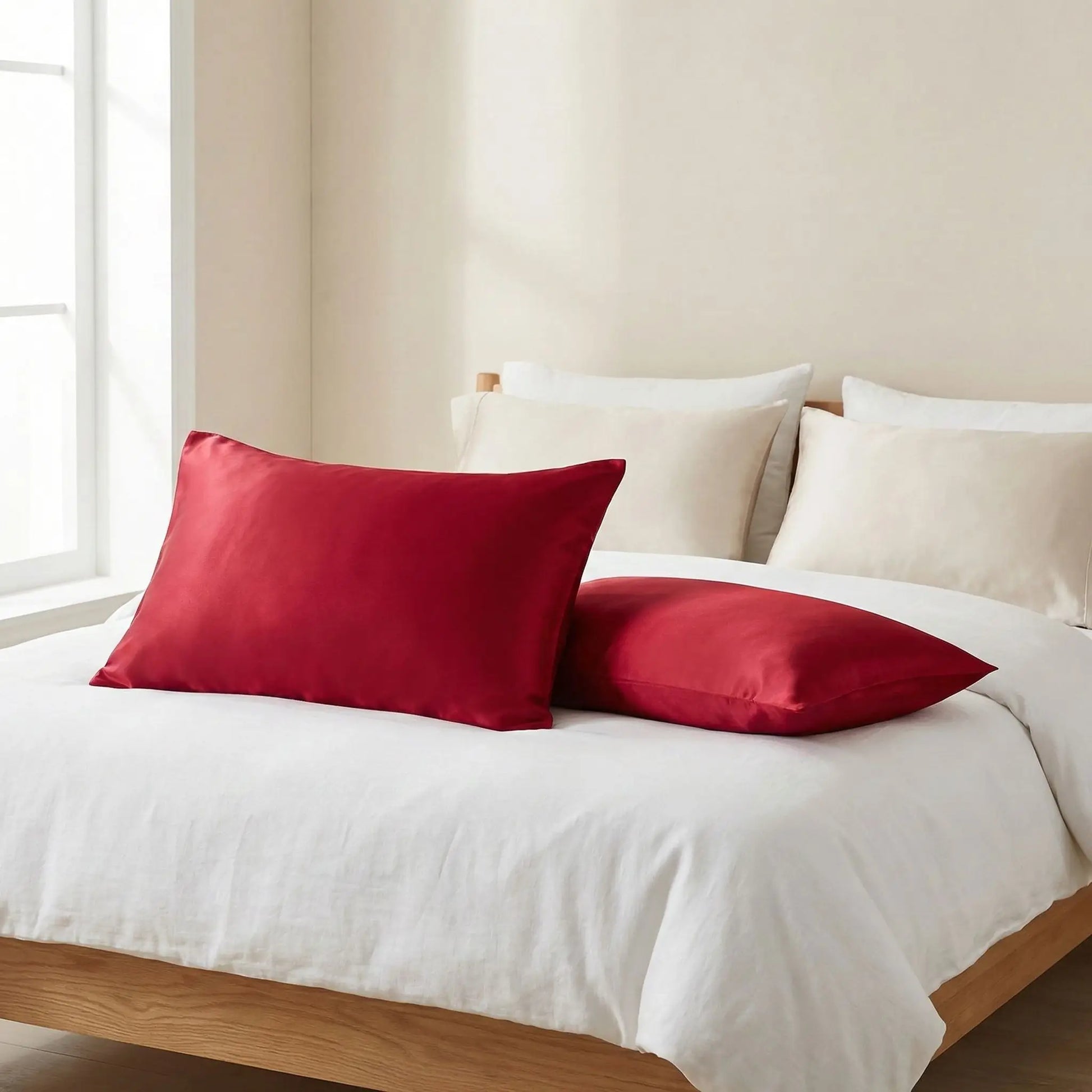 Taies d’oreiller en soie grise posées sur un lit en bois clair avec linge de lit blanc cassé ambiance lumineuse et naturelle